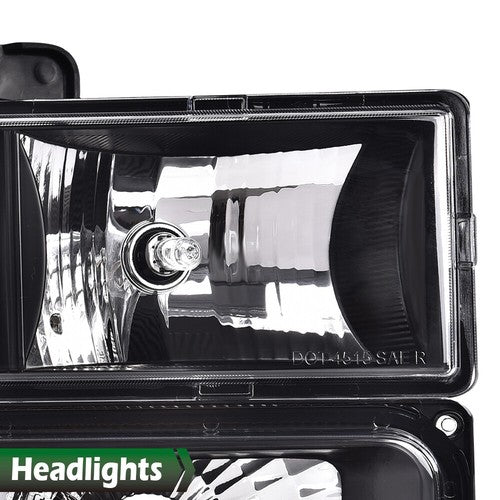 Solid Spare Fit For 1994-1998 GMC C10 C/K Sierra Clear Corner Black Headlights Bumper Lamps