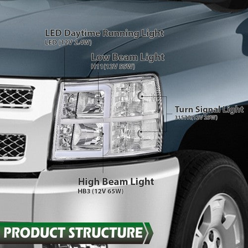 Solid Spare Fit For 2007-2013 Chevy Silverado LED DRL Tube Headlights Headlamps Chrome/Clear