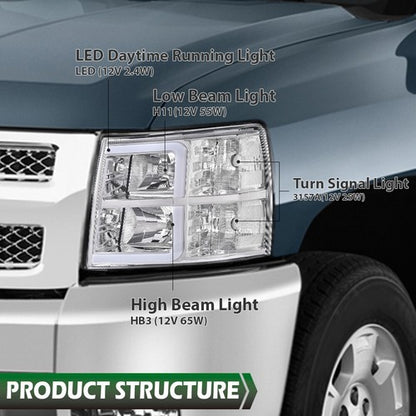 Solid Spare Fit For 2007-2013 Chevy Silverado LED DRL Tube Headlights Headlamps Chrome/Clear