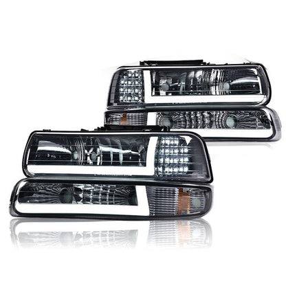 Solid Spare Fit For 99-02 Chevy Silverado 00-06 Tahoe LED DRL Smoke Headlights+Bumper Lamps