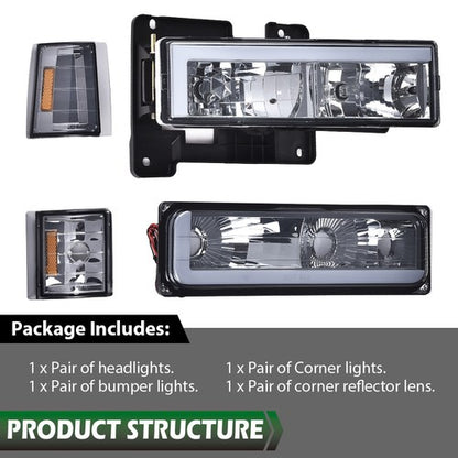Solid Spare Fit For 94-00 GMC C10 C/K Suburban Chrome/Smoke LED DRL Headlights Bumper Lamps