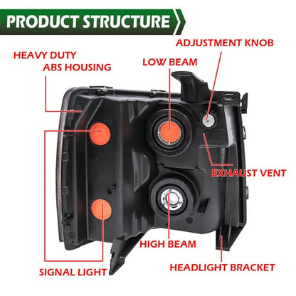 Solid Spare For 2007-2013 Chevy Silverado 1500 2500 HD Black Housing Headlights Left & Right