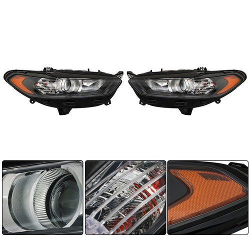 Solid Spare Clear Lens Headlights Replacement Halogen Black For Ford Fusion 2013-2016 LH+RH
