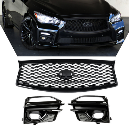 Fit 2014-2017 Infiniti Q50 Sport Front Bumper Black Grille & Fog Light Cover