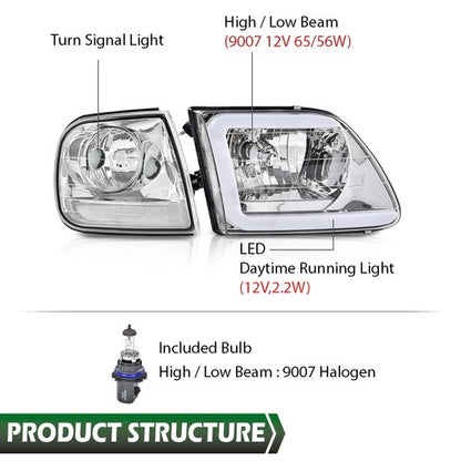 Solid Spare Chrome LED DRL Headlights+Corner Lights Fit For 97-03 Ford F150/99-02 Expedition