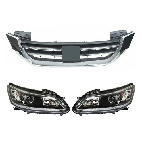 Solid Spare Headlights W/LED DRL Halogen& Bumper Grille For 13-15 Honda Accord Chrome Pair