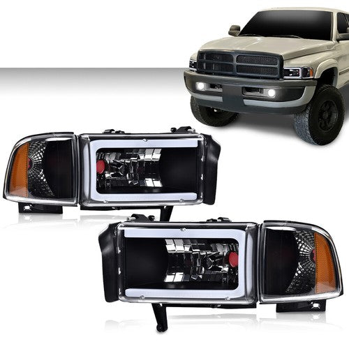 Solid Spare Amber Corner Black LED DRL Headlights Fit For 94-02 Dodge Ram 1500 2500 3500