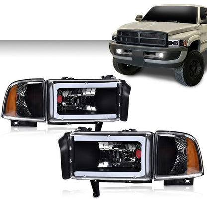 Solid Spare Amber Corner Black LED DRL Headlights Fit For 94-02 Dodge Ram 1500 2500 3500