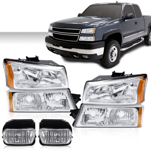 Solid Spare Amber/Chrome Headlights+Fog Lights Fit For 2003-2007 Chevy Silverado Avalanche