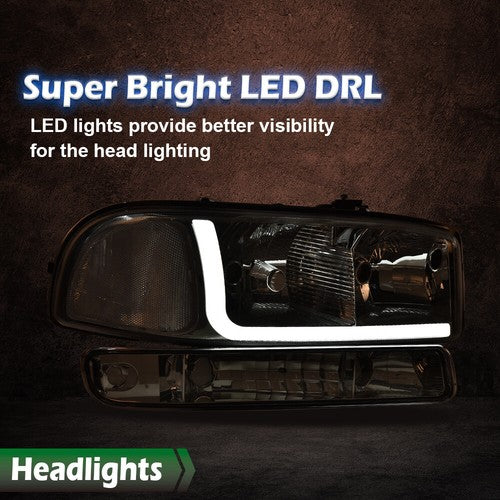 Solid Spare LED DRL Clear Chrome Headlights+Bumper Lamps Fit For 1999-2007 GMC Sierra/Yukon
