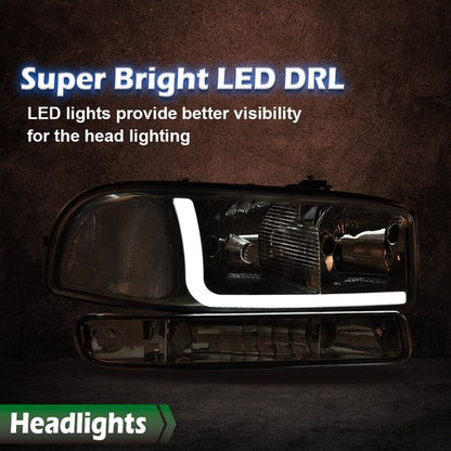 Solid Spare LED DRL Clear Chrome Headlights+Bumper Lamps Fit For 1999-2007 GMC Sierra/Yukon