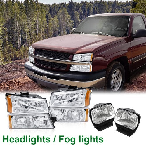 Solid Spare Amber/Chrome Headlights+Fog Lights Fit For 2003-2007 Chevy Silverado Avalanche