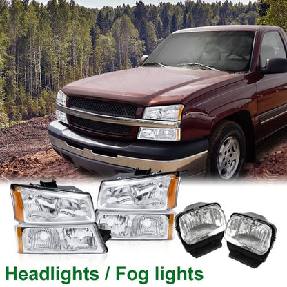 Solid Spare Amber/Chrome Headlights+Fog Lights Fit For 2003-2007 Chevy Silverado Avalanche