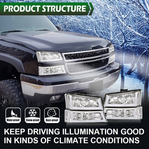 Solid Spare Clear/Chrome Headlights W/ LED DRL Fit For 2003-2006 Chevy Silverado/Avalanche