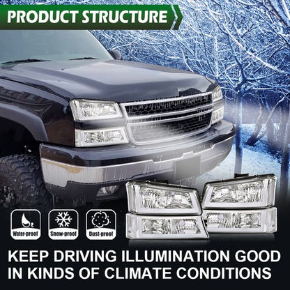Solid Spare Clear/Chrome Headlights W/ LED DRL Fit For 2003-2006 Chevy Silverado/Avalanche