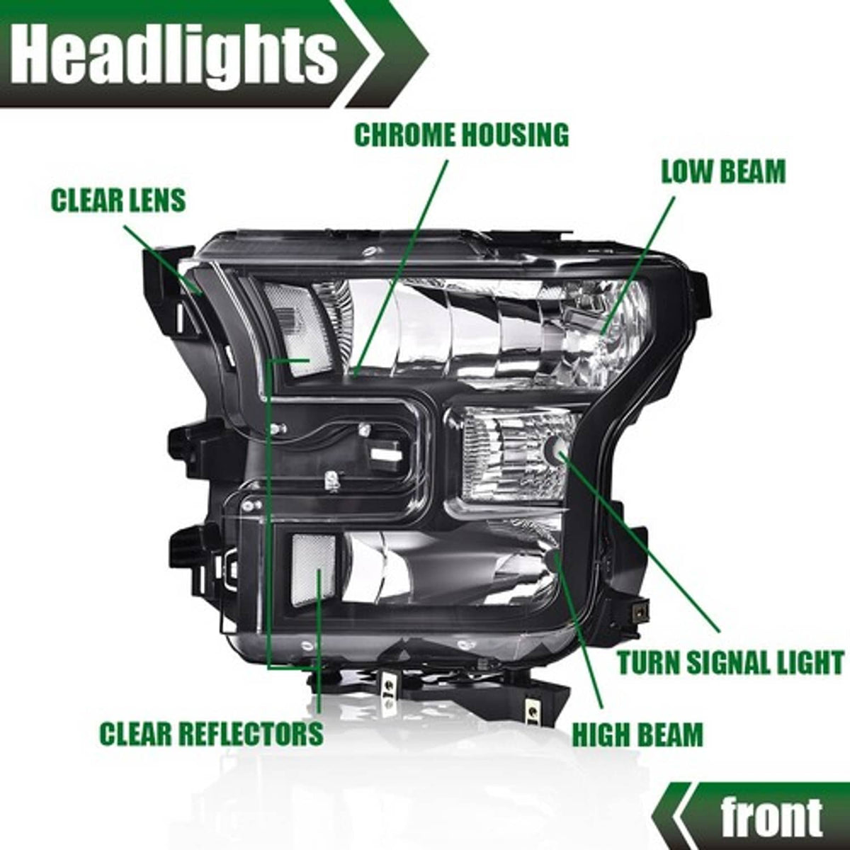 Solid Spare Fit For 2015-2017 Ford F150 Pickup Clear Corner Black Headlights Left+Right