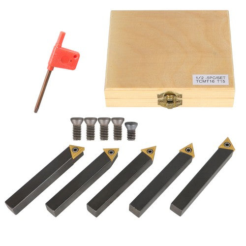 Solid Spare 5-piece 1/2 " lathe indexable carbide insert + turning tool bit holder kit USA