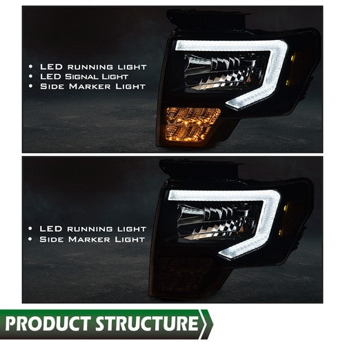 Solid Spare Fit For 2009-2014 Ford F-150 Headlights Black/Clear LED DRL Head Lamps Pair