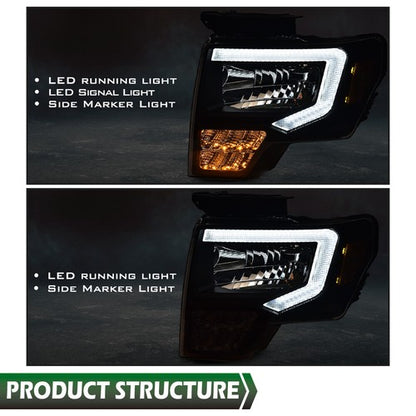 Solid Spare Fit For 2009-2014 Ford F-150 Headlights Black/Clear LED DRL Head Lamps Pair