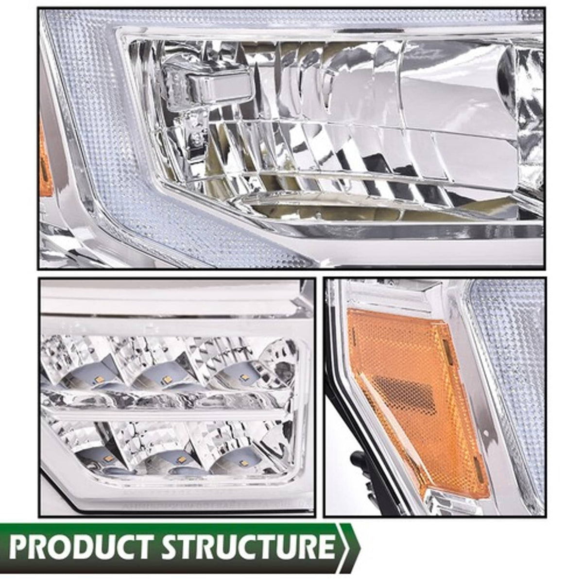 Solid Spare Pair Amber/Chrome LED DRL Headlights Assembly Fit For 2009-2014 Ford F150 F-150