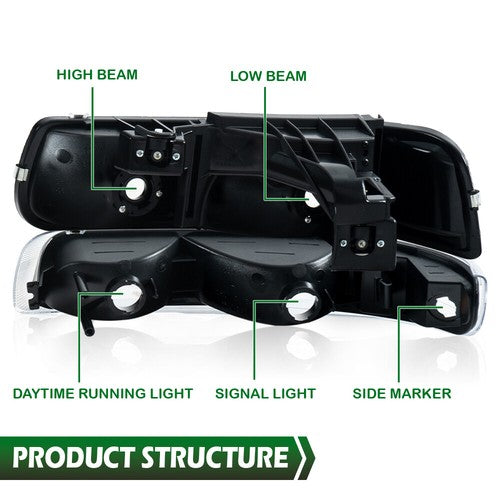 Solid Spare Factory Style Headlights Bumper Fit For 99-2002 Chevy Silverado 1500 2500 3500
