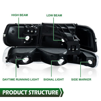 Solid Spare Factory Style Headlights Bumper Fit For 99-2002 Chevy Silverado 1500 2500 3500
