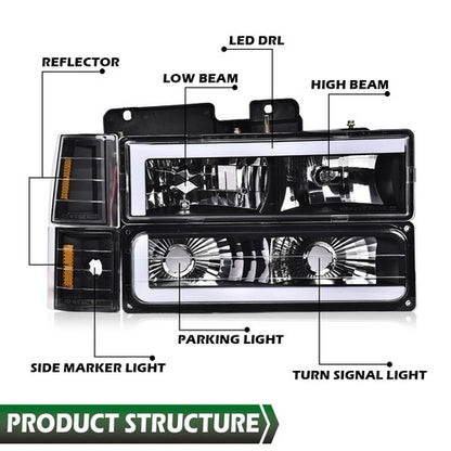 Solid Spare Fit For 94-00 Chevy GMC C/K Suburban LED Tube DRL Headlights Headlamps Black