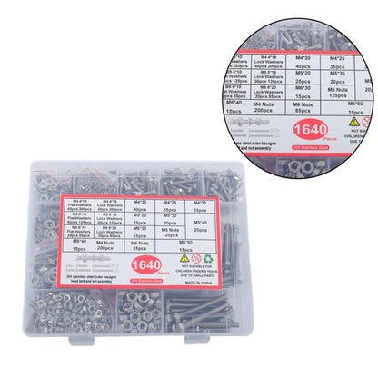 Solid Spare 1640PCS M4 M5 M6 Heavy Duty Bolts and Nuts Flat & Lock Washers Assortment Kit