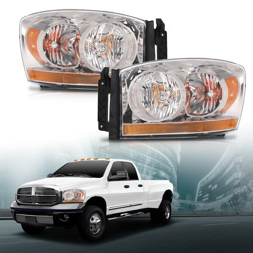 Solid Spare Fit For 2006-2008 Dodge Ram 1500/2006-09 Ram 2500 3500 Amber Chrome Headlights