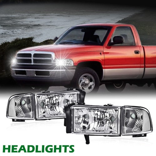 Solid Spare Clear Corner Chrome Headlights Assembly Fit For 94-02 Dodge Ram 1500 2500 3500