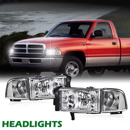 Solid Spare Clear Corner Chrome Headlights Assembly Fit For 94-02 Dodge Ram 1500 2500 3500