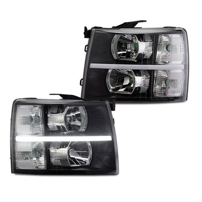 Solid Spare [LED DRL STRIP]FIT FOR 07-14 CHEVY SILVERADO BLACK HOUSING CLEAR CORNER HEADLIGH