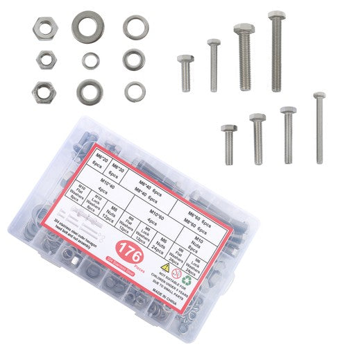 Solid Spare 176 Pack Stainless Steel M6 M8 M10 Bolts and Nuts Flat Washers Combination Kit