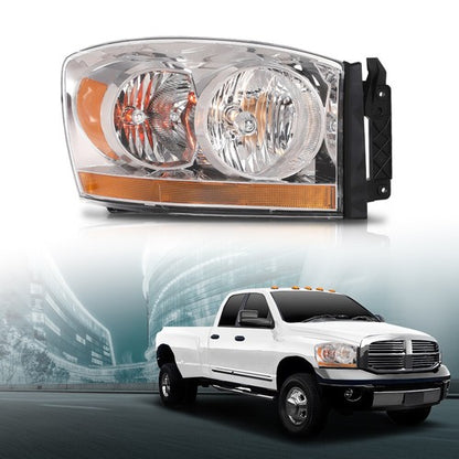Solid Spare Fit For 06-2008 Dodge Ram 1500/06-09 Ram 2500 3500 Amber Chrome Headlight Right