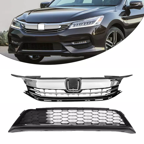 2PCS FITS 2016 2017 Honda Accord Sedan 4D Front Bumper Grille Grill Upper Lower