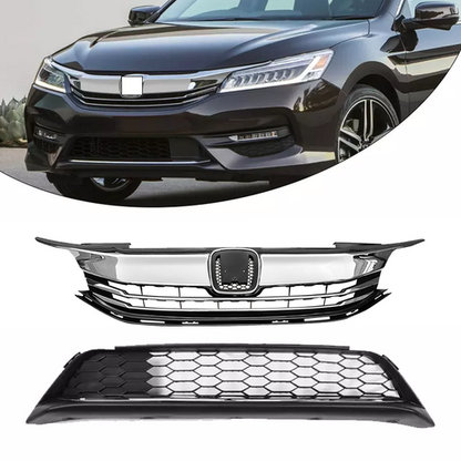 2PCS FITS 2016 2017 Honda Accord Sedan 4D Front Bumper Grille Grill Upper Lower