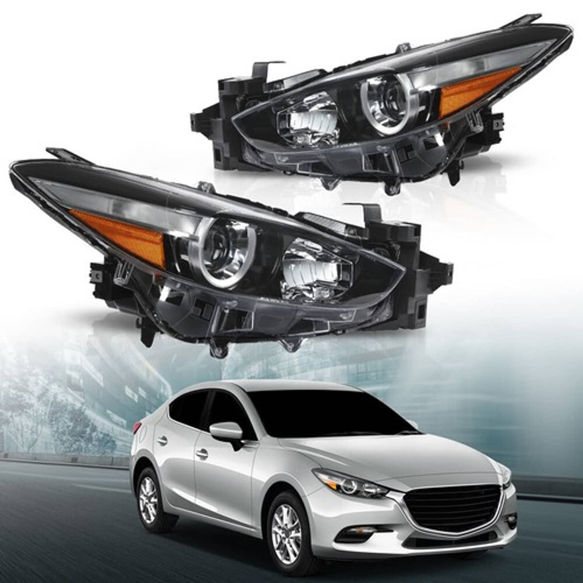 Solid Spare Headlights Assembly For 2017-2018 Mazda 3 Clear Halogen Black Housing Right&Left