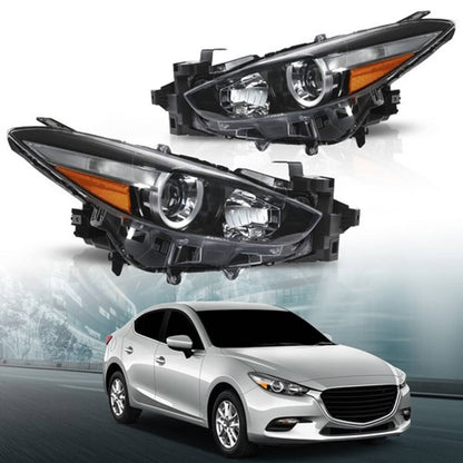 Solid Spare Headlights Assembly For 2017-2018 Mazda 3 Clear Halogen Black Housing Right&Left