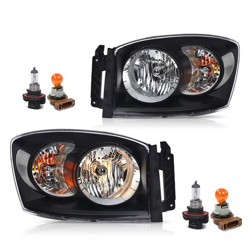 Solid Spare Fit For 06-09 Dodge Ram 1500 2500 3500 Headlights Headlamps Set Black/Clear