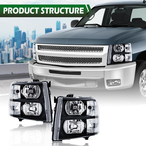 Solid Spare For 2007-2013 Chevy Silverado 1500 2500 HD Black Housing Headlights Left & Right