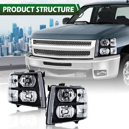 Solid Spare For 2007-2013 Chevy Silverado 1500 2500 HD Black Housing Headlights Left & Right