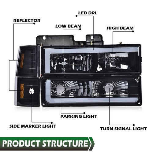 Solid Spare LED DRL Headlights+Bumper Corner Lamps Black Fit For 94-00 Chevy GMC C/K Pickup