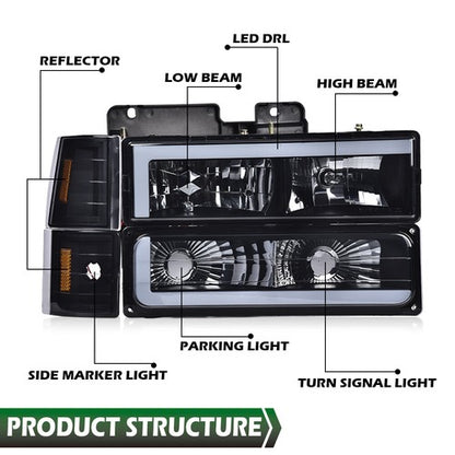 Solid Spare LED DRL Headlights+Bumper Corner Lamps Black Fit For 94-00 Chevy GMC C/K Pickup
