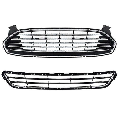 Solid Spare New For Ford Fusion 2013-2016 2pcs Chrome Grill Front Upper & Lower Grille Kit