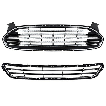 Solid Spare New For Ford Fusion 2013-2016 2pcs Chrome Grill Front Upper & Lower Grille Kit