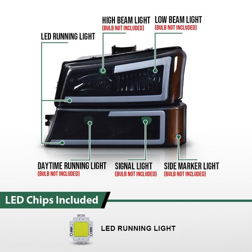Solid Spare LED DRL Headlights Smoke Black Fit For 2003-2007 Chevy Silverado Avalanche