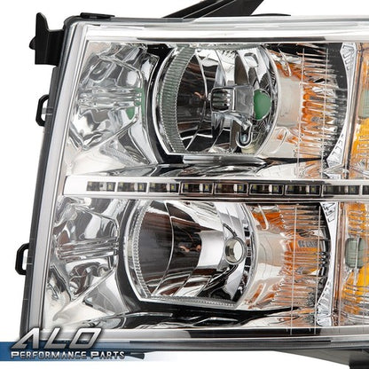 Solid Spare FIT FOR 07-14 CHEVY SILVERADO LED LIGHT DRL CHROME/AMBER CORNER HEADLIGHT