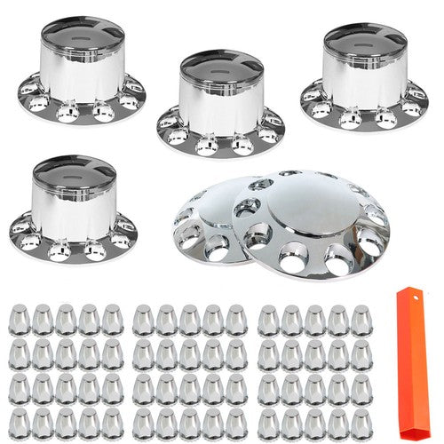 Solid Spare Semi Truck Rear & Front Chrome Wheel Axle Cover Hub Cap 33mm Lug Nuts Thread-On