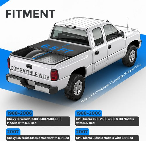 Solid Spare For 1988-2007 GMC Sierra Chevy Silverado 1500 Tonneau Cover 6.5FT Bed Roll-Up
