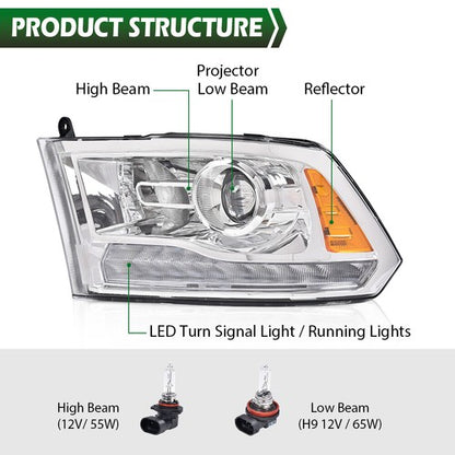 Solid Spare Fit For 2009-2018 Dodge Ram 1500 2500 3500 Chrome Projector Headlights w/LED DRL